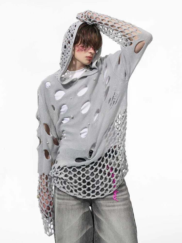 Black men's hooded sweater with pearl decorations, loose fit pullover design