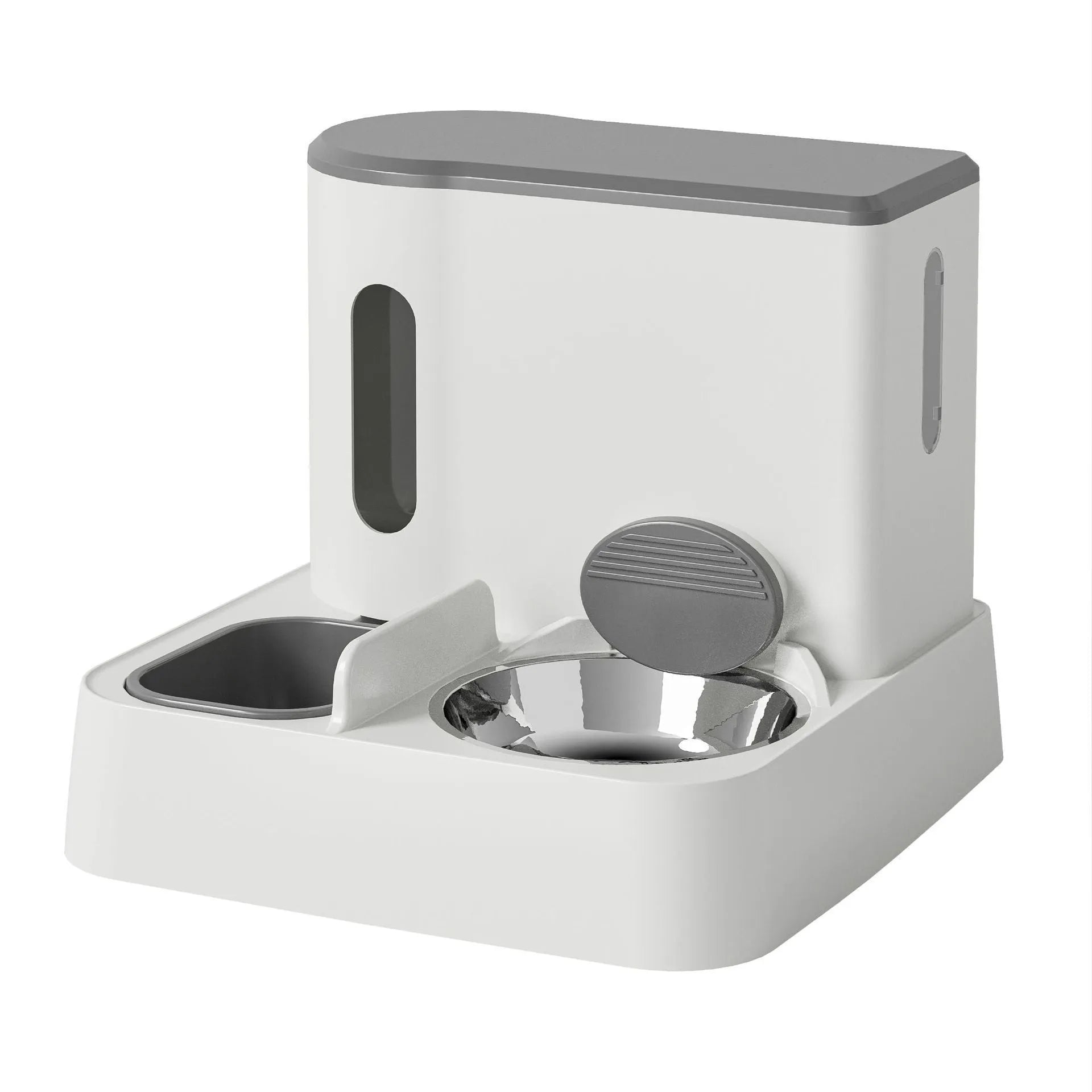 Grey automatic cat feeder with integrated water dispenser and double bowl design