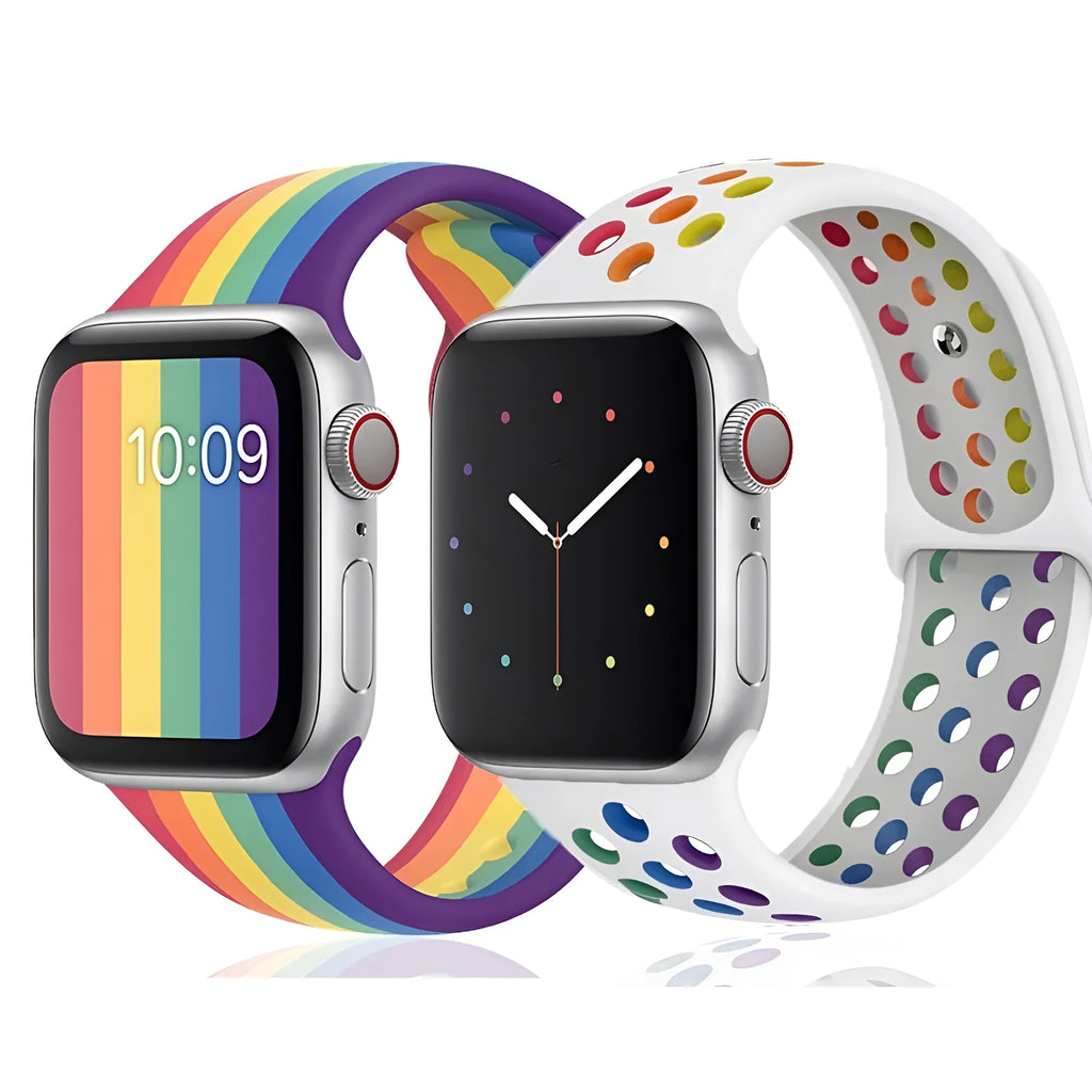 Silicone sports wristband in black, rainbow or white colours showing buckle strap closure
