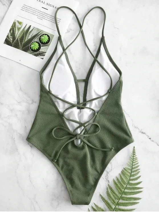 Women's solid colour lace-up one-piece swimsuit in black polyester fabric