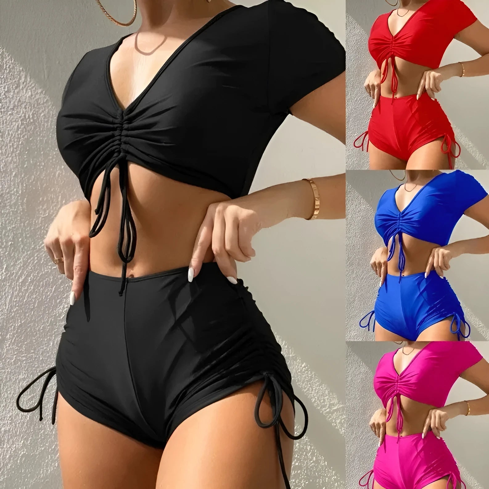 Women's lace-up front bow swimsuit with shorts in multiple colour options