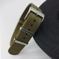 Nylon textile watch strap shown in army green colour, suitable for 20mm or 22mm watch lugs.