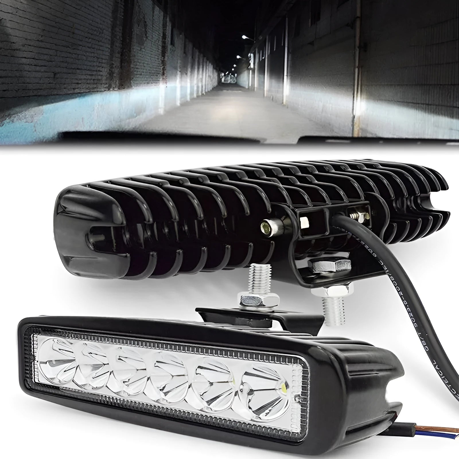 Black die-cast aluminium auxiliary driving light with six LED bulbs and polycarbonate lens for vehicle mounting.