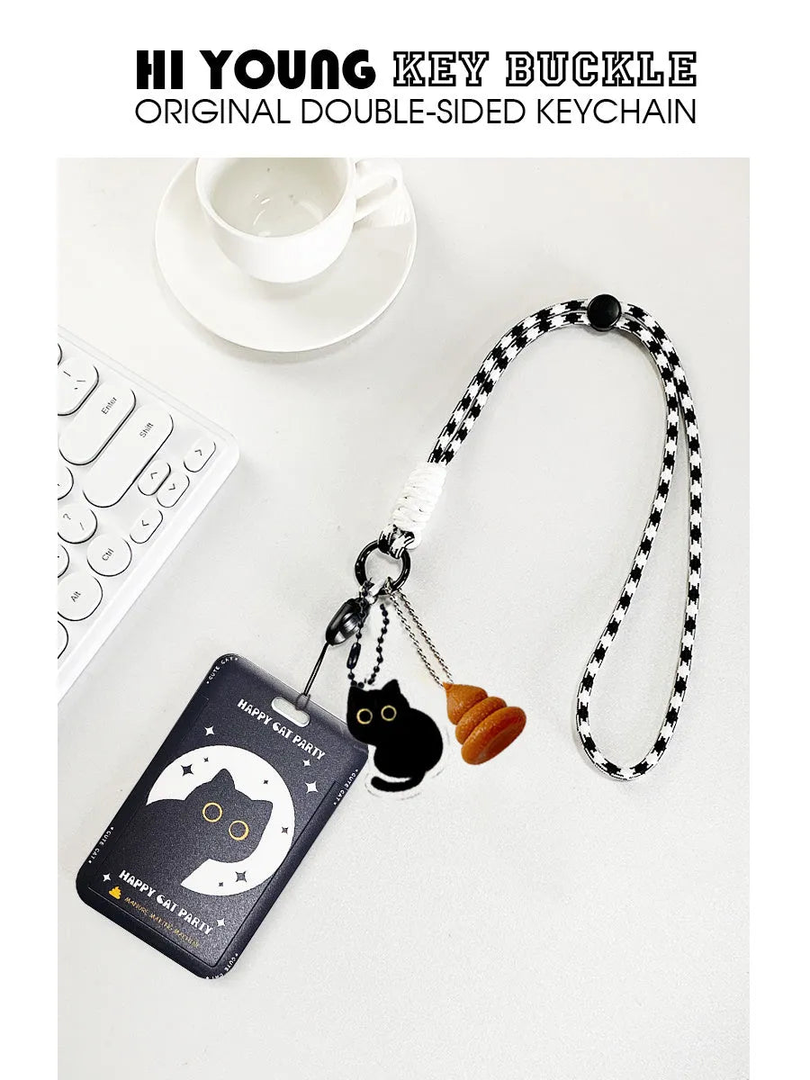 Cartoon little black cat design plastic card holder with ferrule pendant attachment for student ID and transport cards