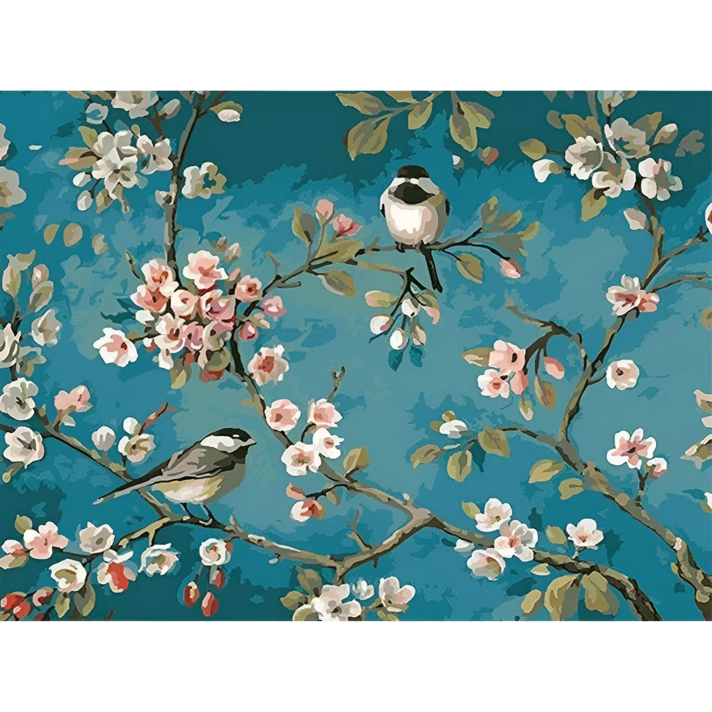 Hand-painted abstract DIY oil painting of blue flowers and birds on a 40x50cm linen canvas.