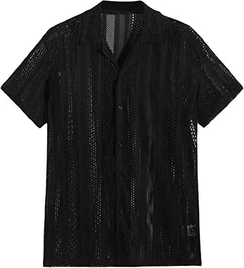 Men's white knitted short-sleeve button shirt with jacquard cardigan street fashion styling