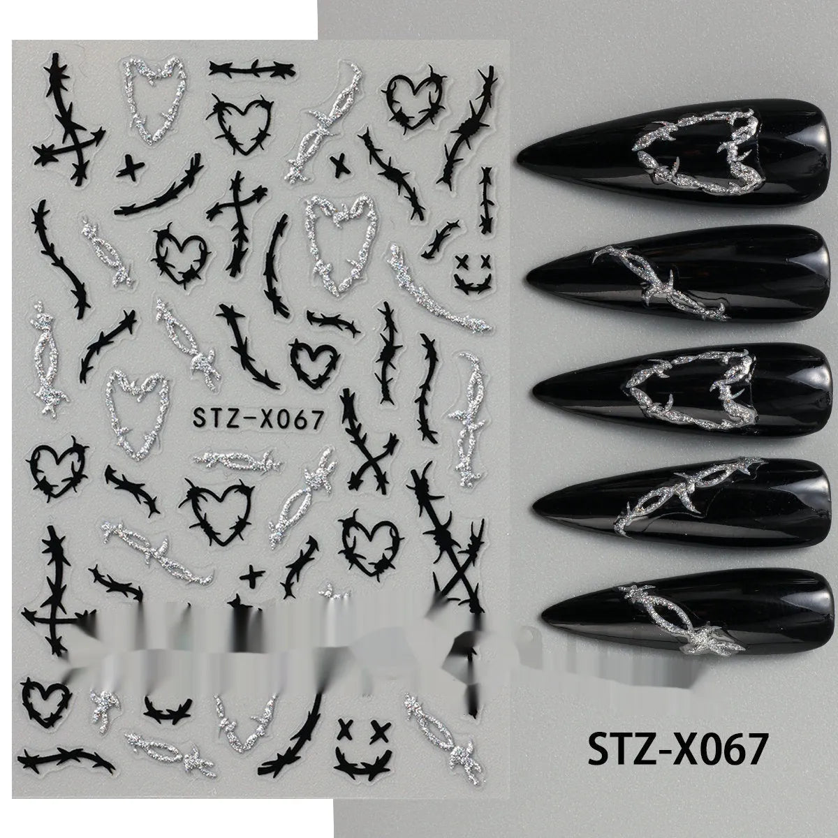 Set of 60 black and silver cartoon pattern nail strip stickers with plastic application patch.