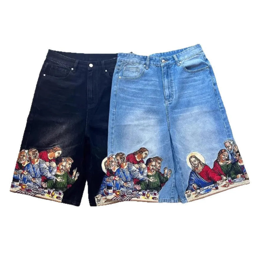 Men's blue cotton shorts with Jesus print on back pocket and tapered legs