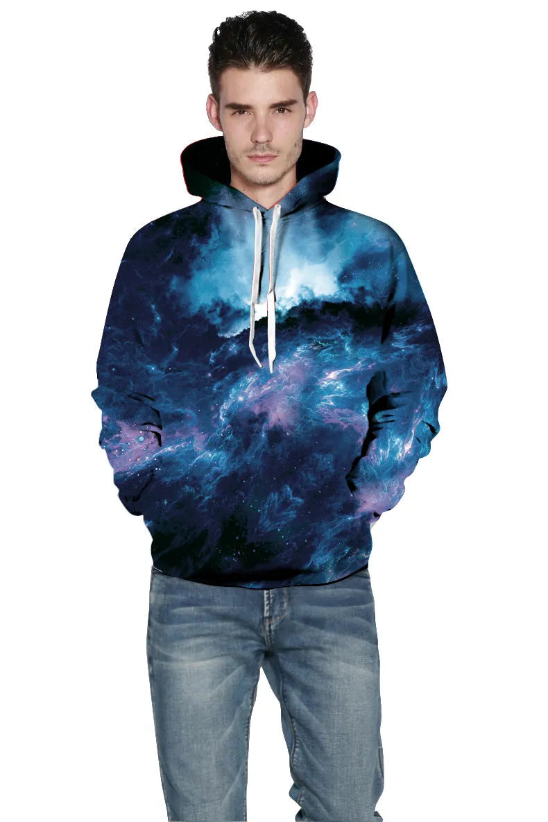 Deep blue galaxy hoodie polyester spandex unisex pullover top front view