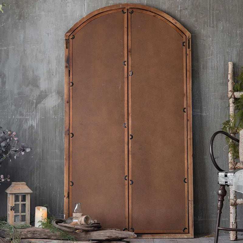 Terrace Distressed Fake Window Wall Mirror in log colour with wooden glass panel