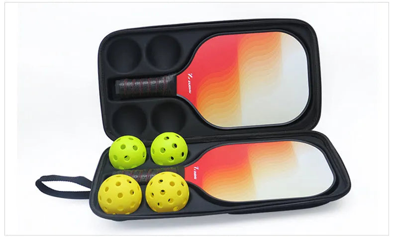 Black EVA pickleball racket storage box with shoulder straps, shown holding a racket and balls.