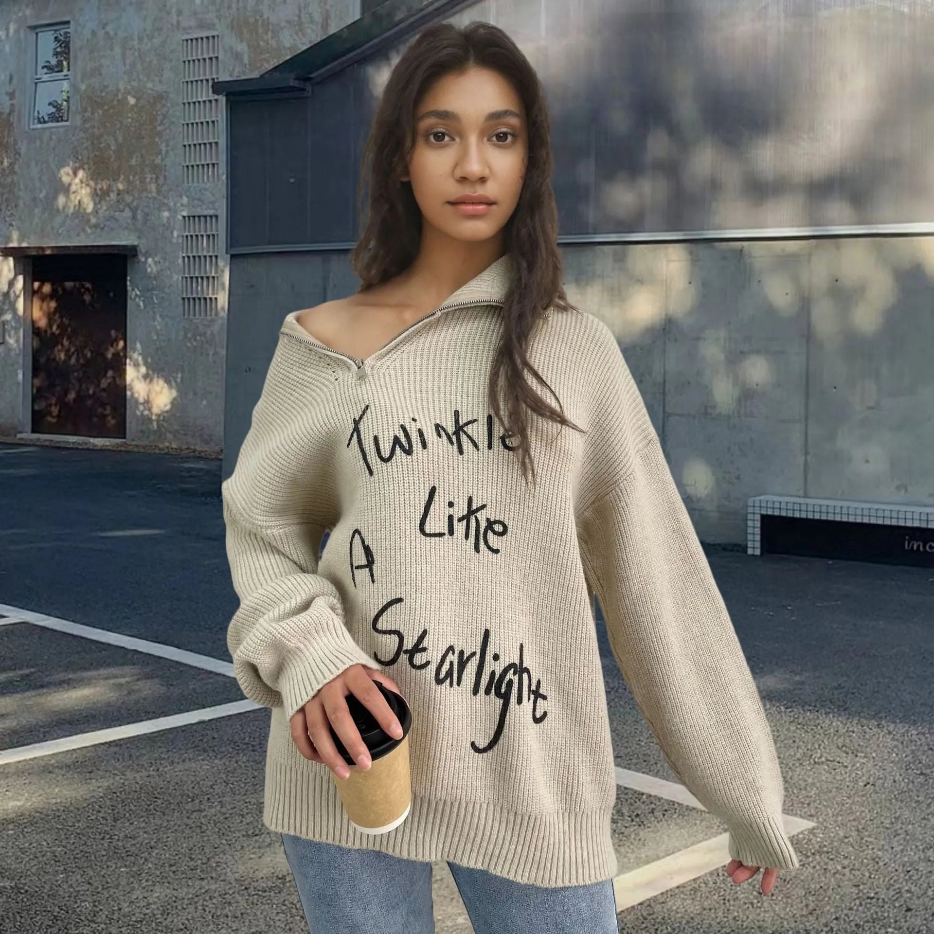Light khaki women's alpaca wool pullover sweater with oblique diagonal zipper and loose lapel collar