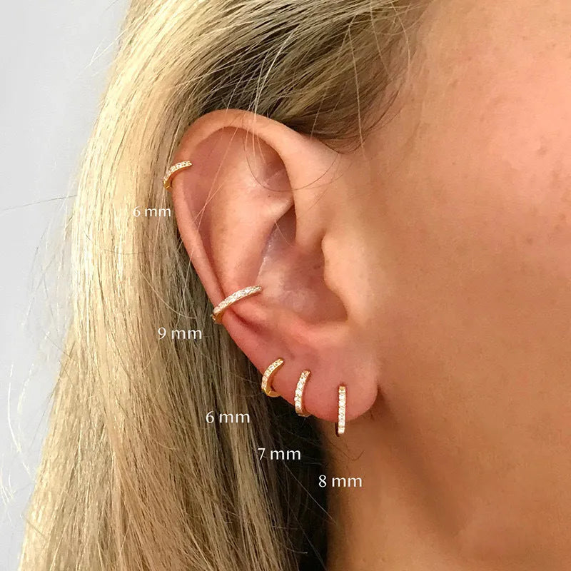 Gold, rose gold and silver geometric circle zircon stud earrings in sizes 5mm to 12mm.