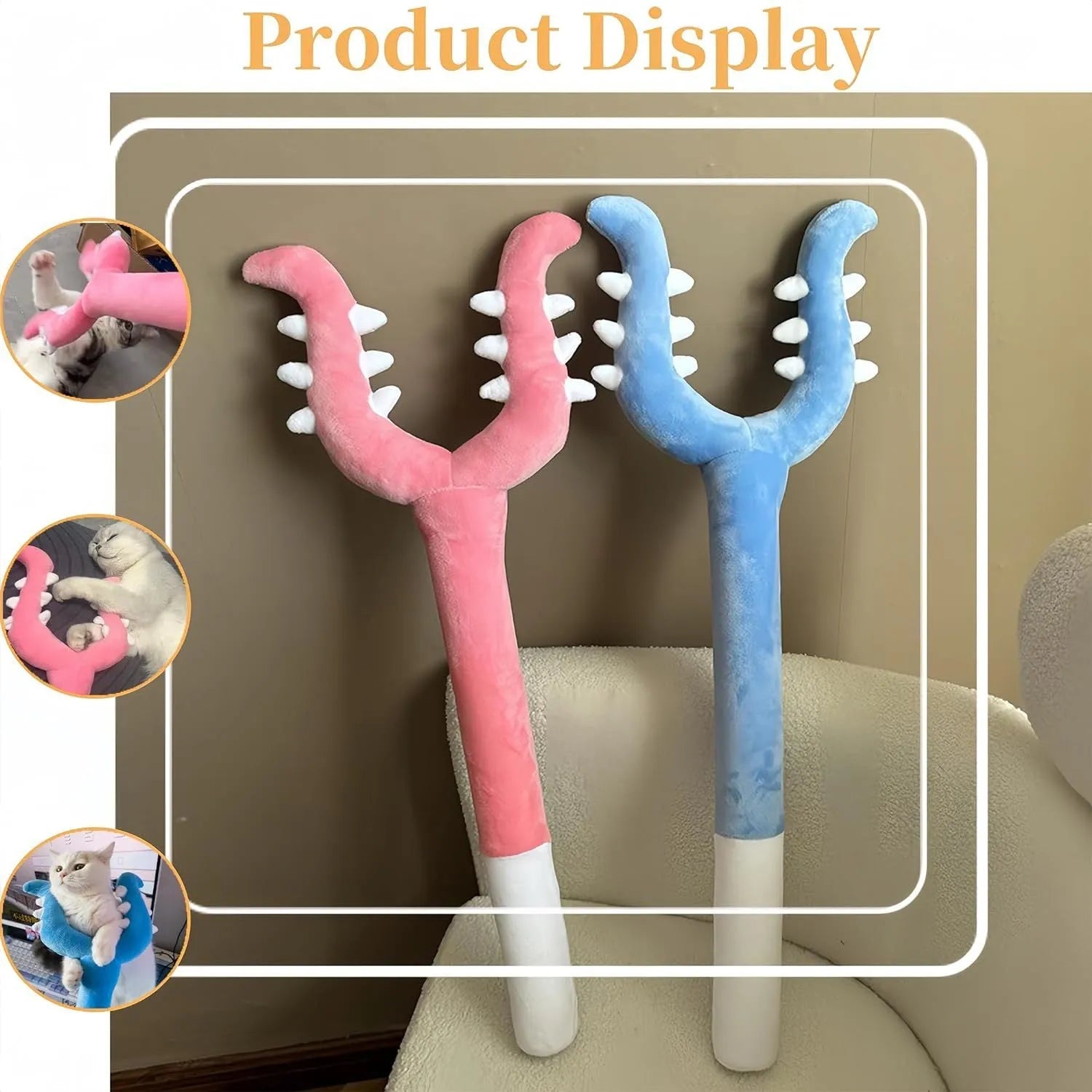 Blue and pink plush cat wand toy with 70cm length for indoor play