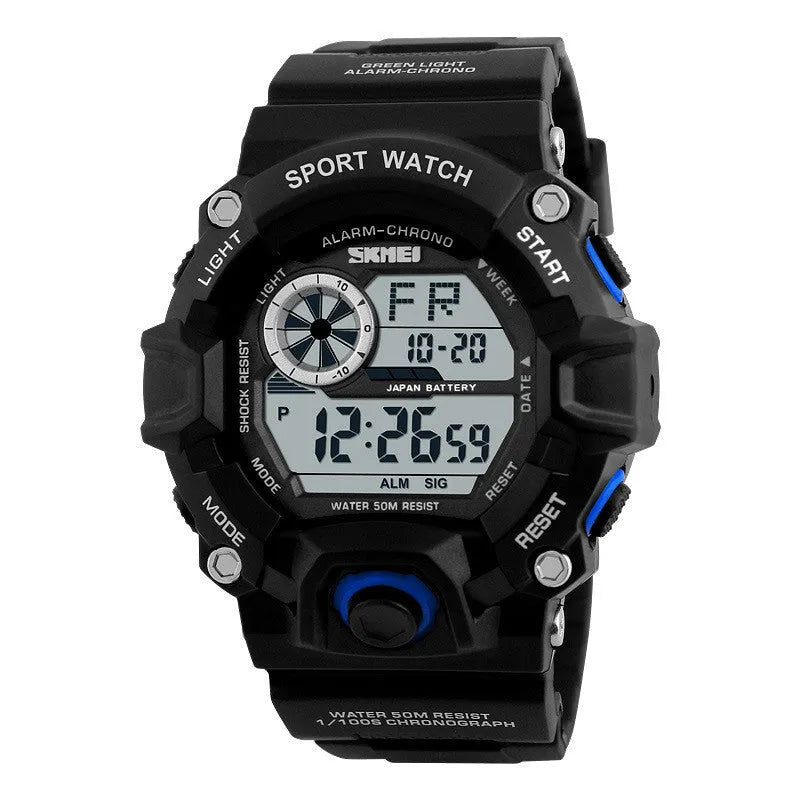 Digital sports watch with round dial, plastic strap, and 30 metre waterproof rating
