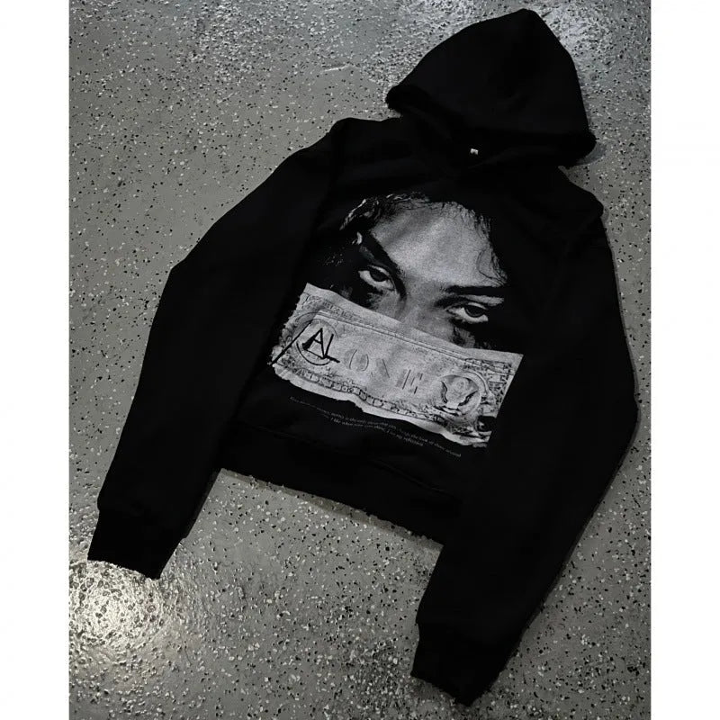 Women's dark printed cartoon pattern hooded sweater, loose fit, polyester fabric, black, sizes S to 5XL