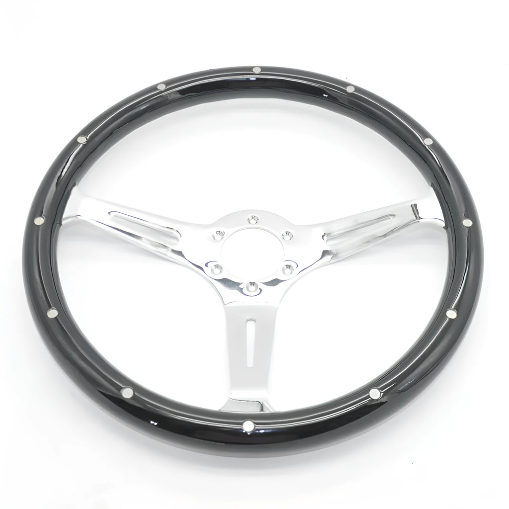 Black peach wood steering wheel with electroplated metal details for classic cars