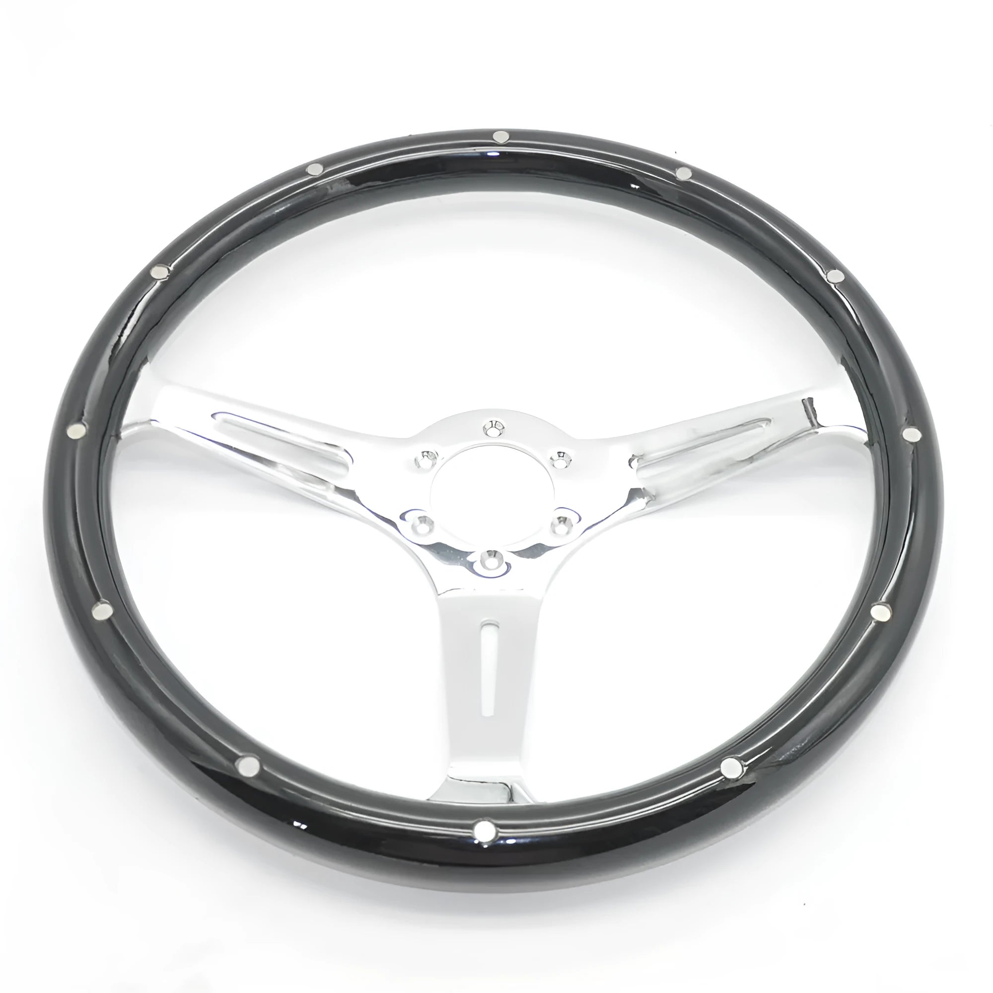 Black peach wood steering wheel with electroplated metal details for classic cars
