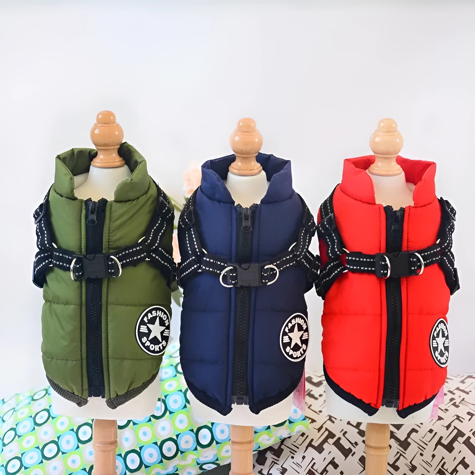 Waterproof dog winter coat with harness opening in rain silk fabric
