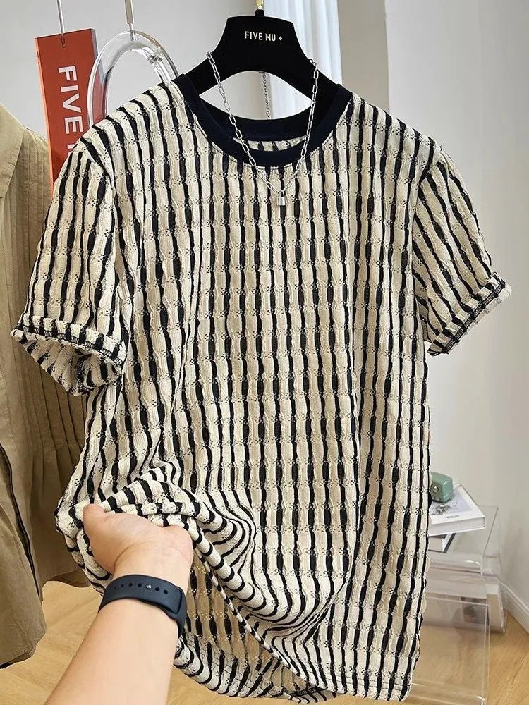 Men's black striped loose short sleeve top in silk and linen blend fabric