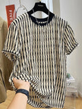 Men's black striped loose short sleeve top in silk and linen blend fabric