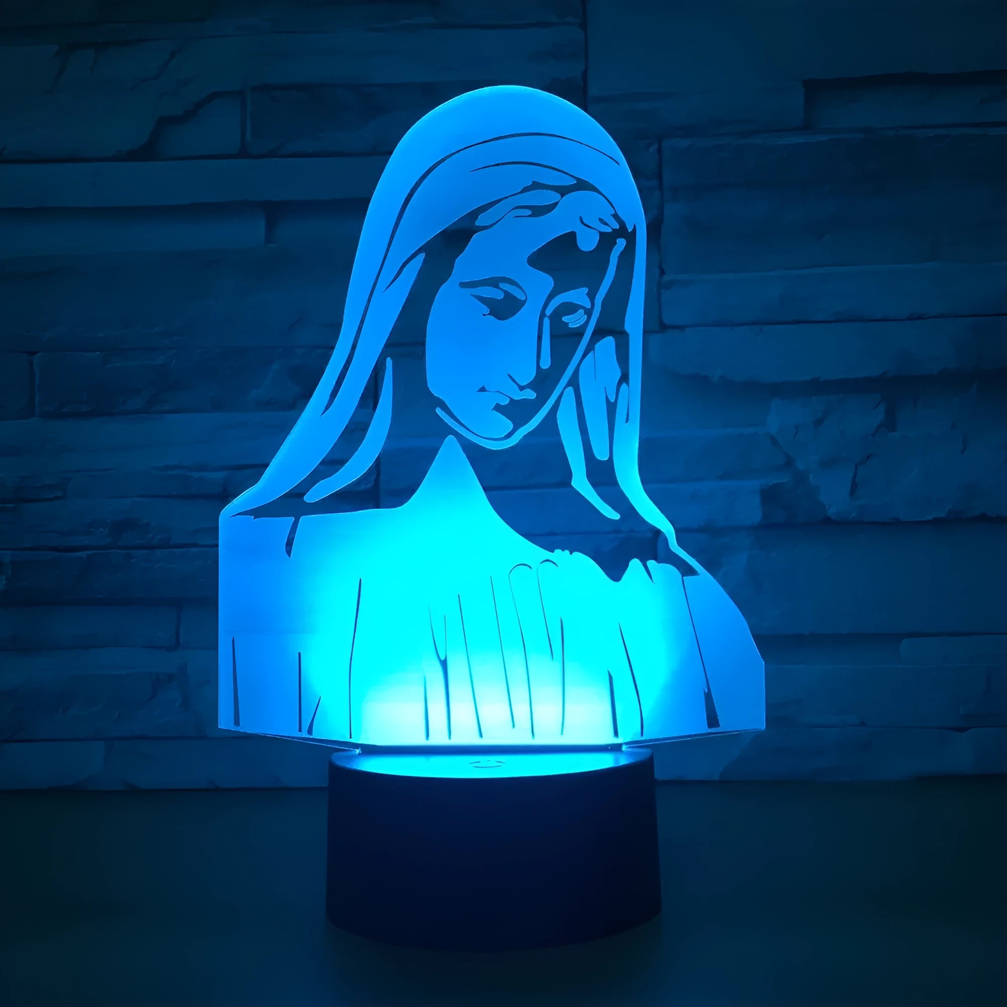 3D LED night light with laser engraved acrylic panel showing dual ring pattern illumination in multiple colours