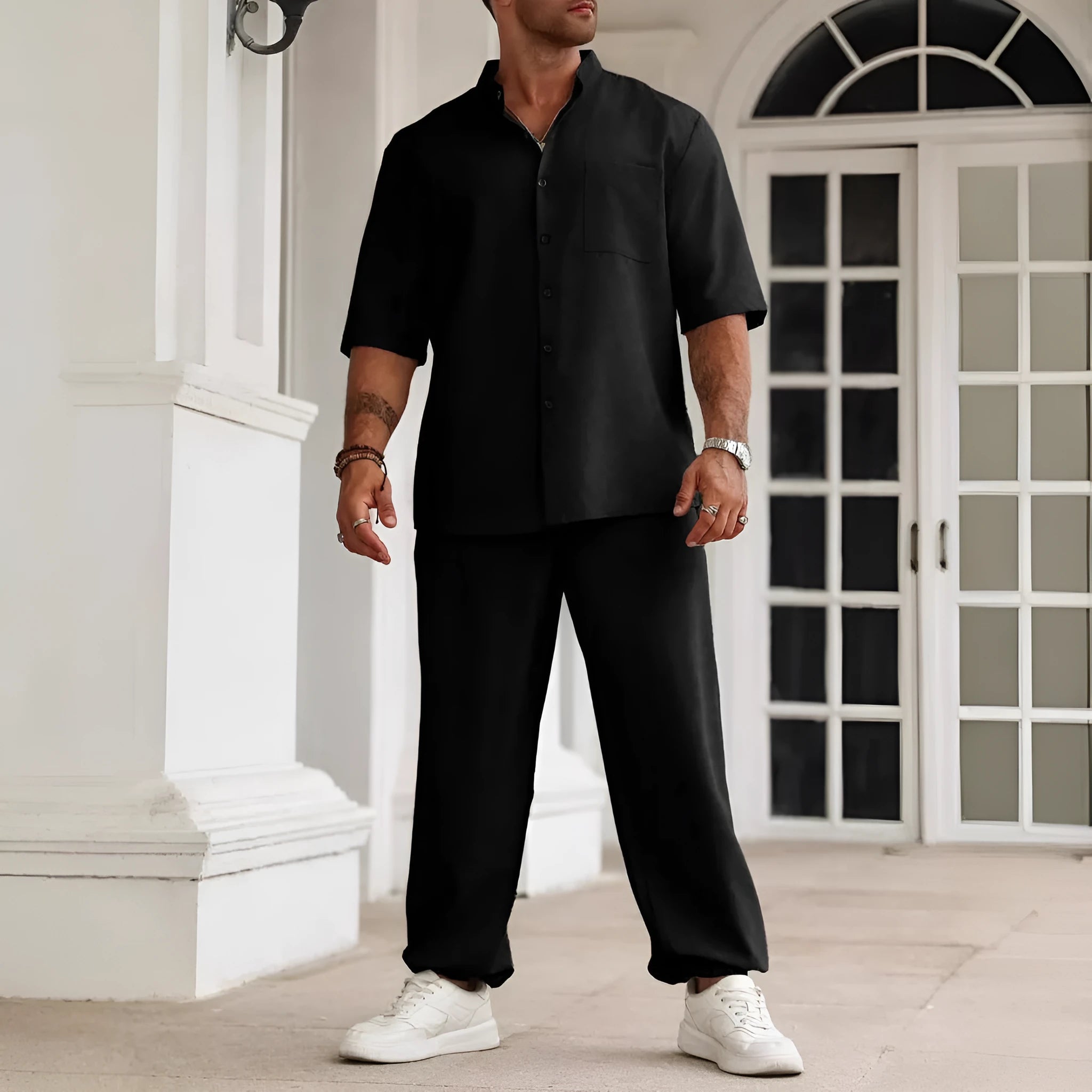 Men's casual cotton linen trousers set with short-sleeved shirt in apricot colour