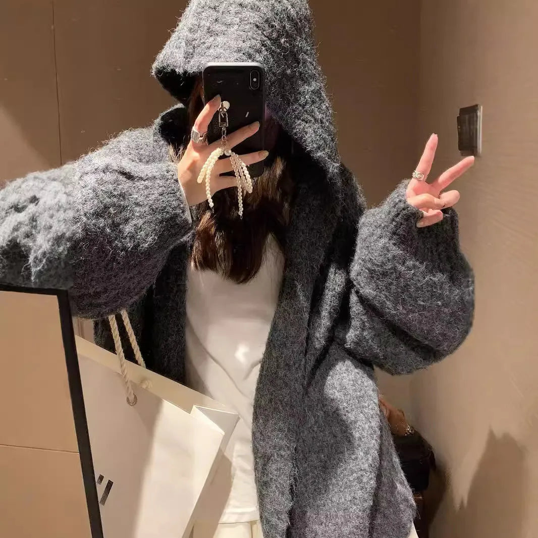 Women's retro Maillard style hooded cardigan sweater in loose fit, shown in dark grey.