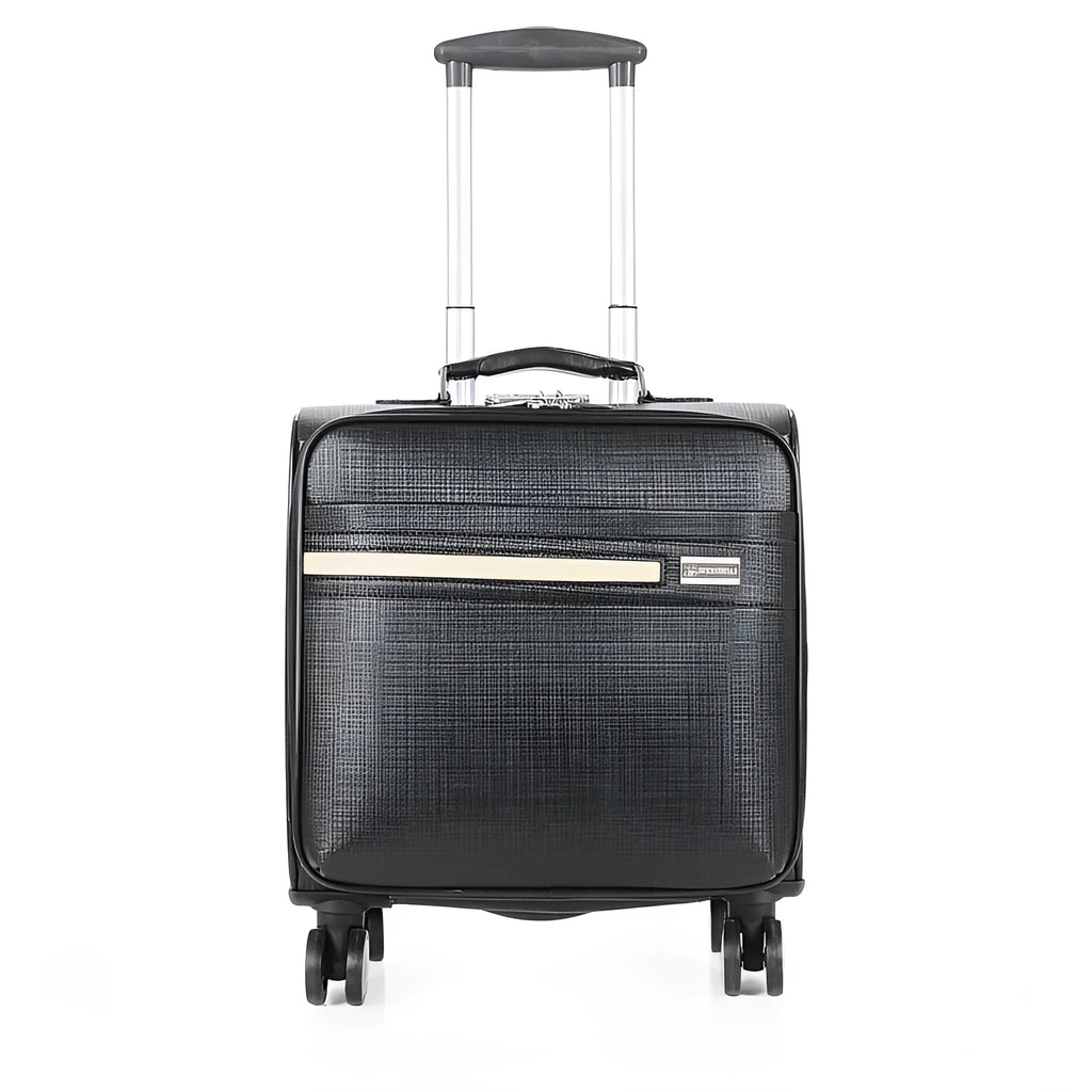 Black 18-inch PU leather business case with lock and aeroplane wheels for professional travel