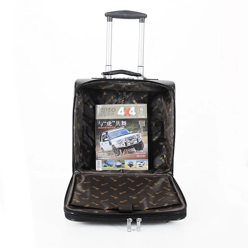 Black 18-inch PU leather business case with lock and aeroplane wheels for professional travel