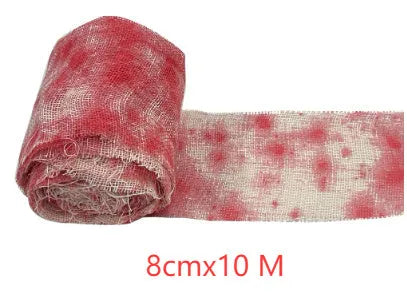 Blood red polyester Halloween bandage roll showing 8cm width, horror costume accessory for mummy wraps