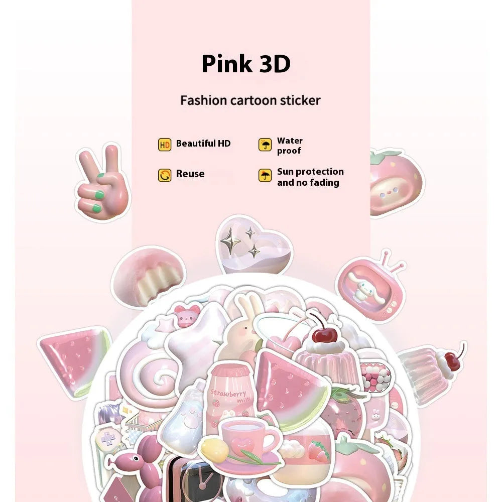 Pack of pink girl heart shaped 3D decorative stickers in a cute style on a light background.