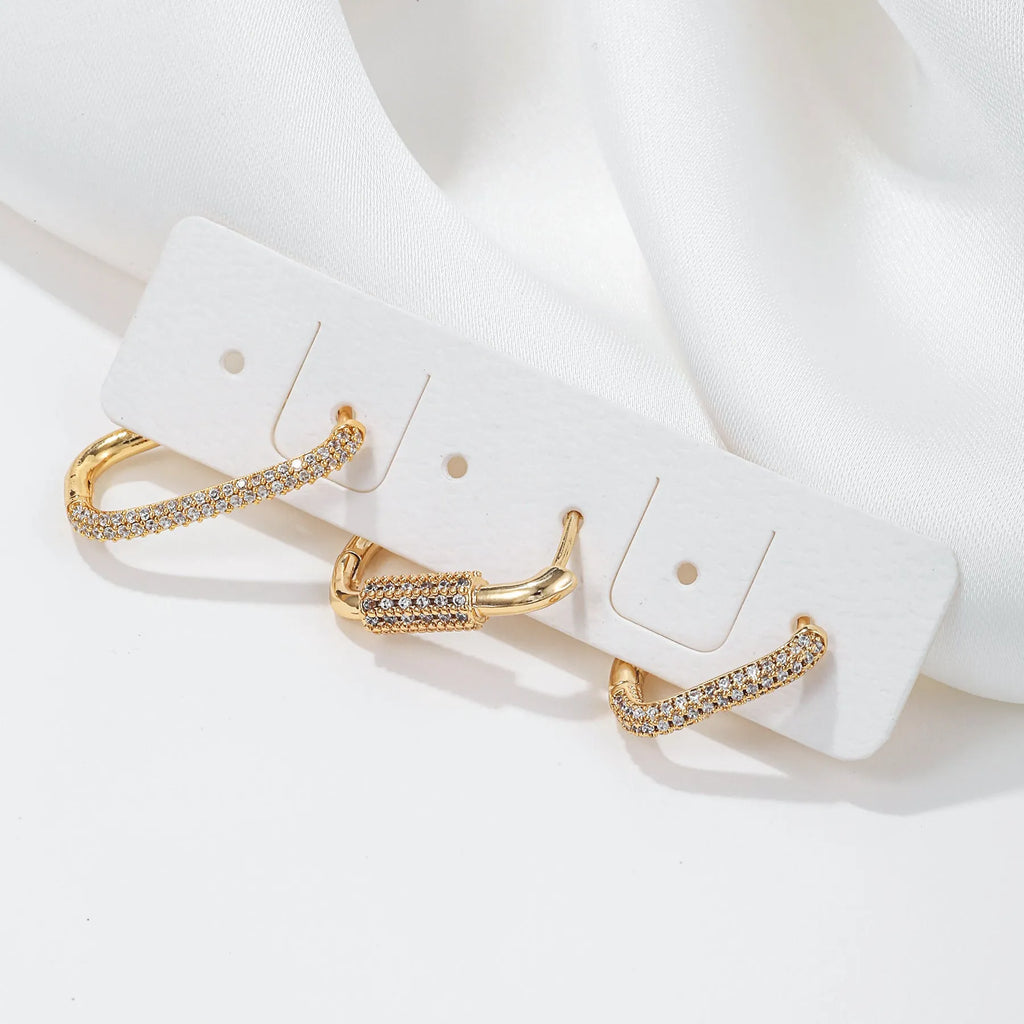 Geometric copper ear clip three-piece set with inlaid zircon stones in gold or white finish