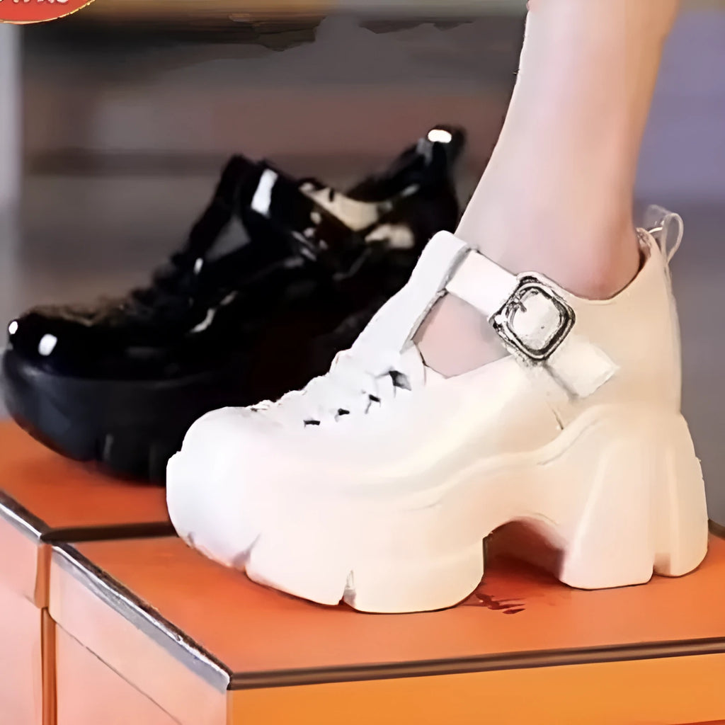 Women's chunky heel pumps with skull pattern in black or white PU leather featuring round toe and rubber sole