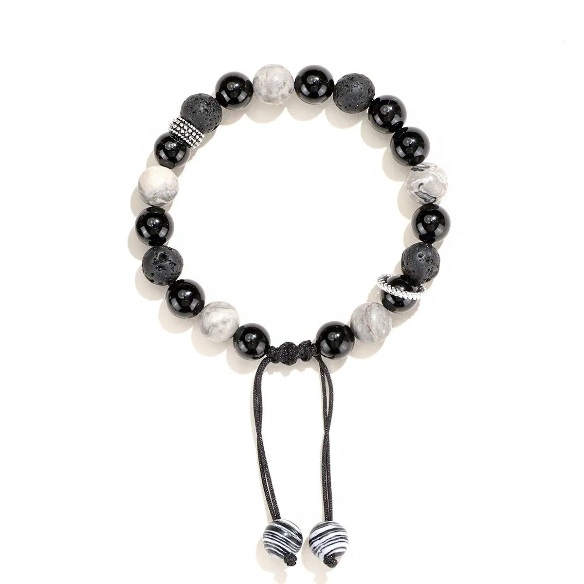 Black agate map stone volcanic bracelet with diamond shape and electroplated finish, showing men's 10mm and women's 8mm sizes.