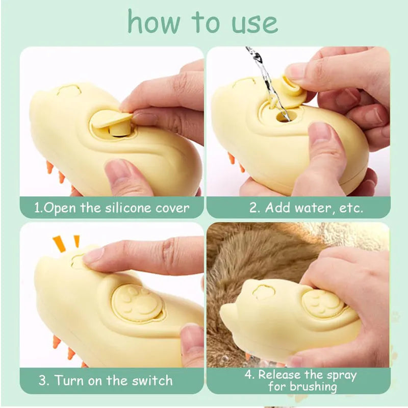 3-in-1 steam pet grooming brush with dog-shaped handle for cats and dogs on a white background.