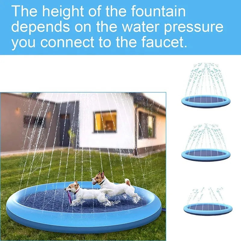 Anti-slip dog splash pad with sprinkler jets, shown in a garden setting.