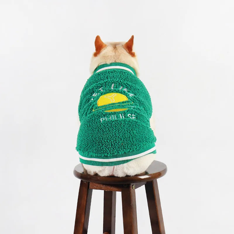 Green fleece-lined cotton winter coat for a large dog on a white background.