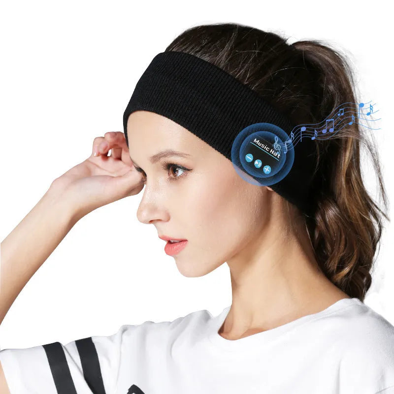 Bluetooth sports headband in black colour with removable washable fabric and wireless audio functionality