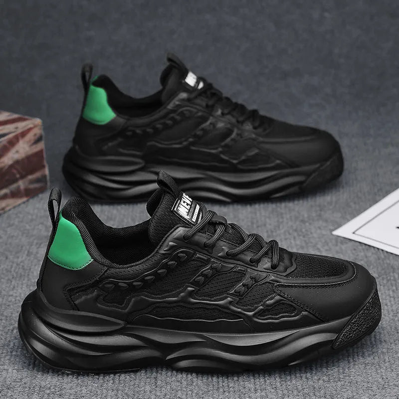 Men's white and black breathable mesh shoes with round toe design available in sizes 39-44