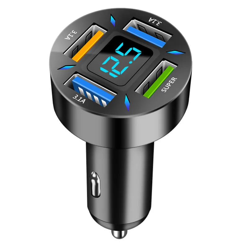 Four-port USB car charger with LED digital display showing charging status