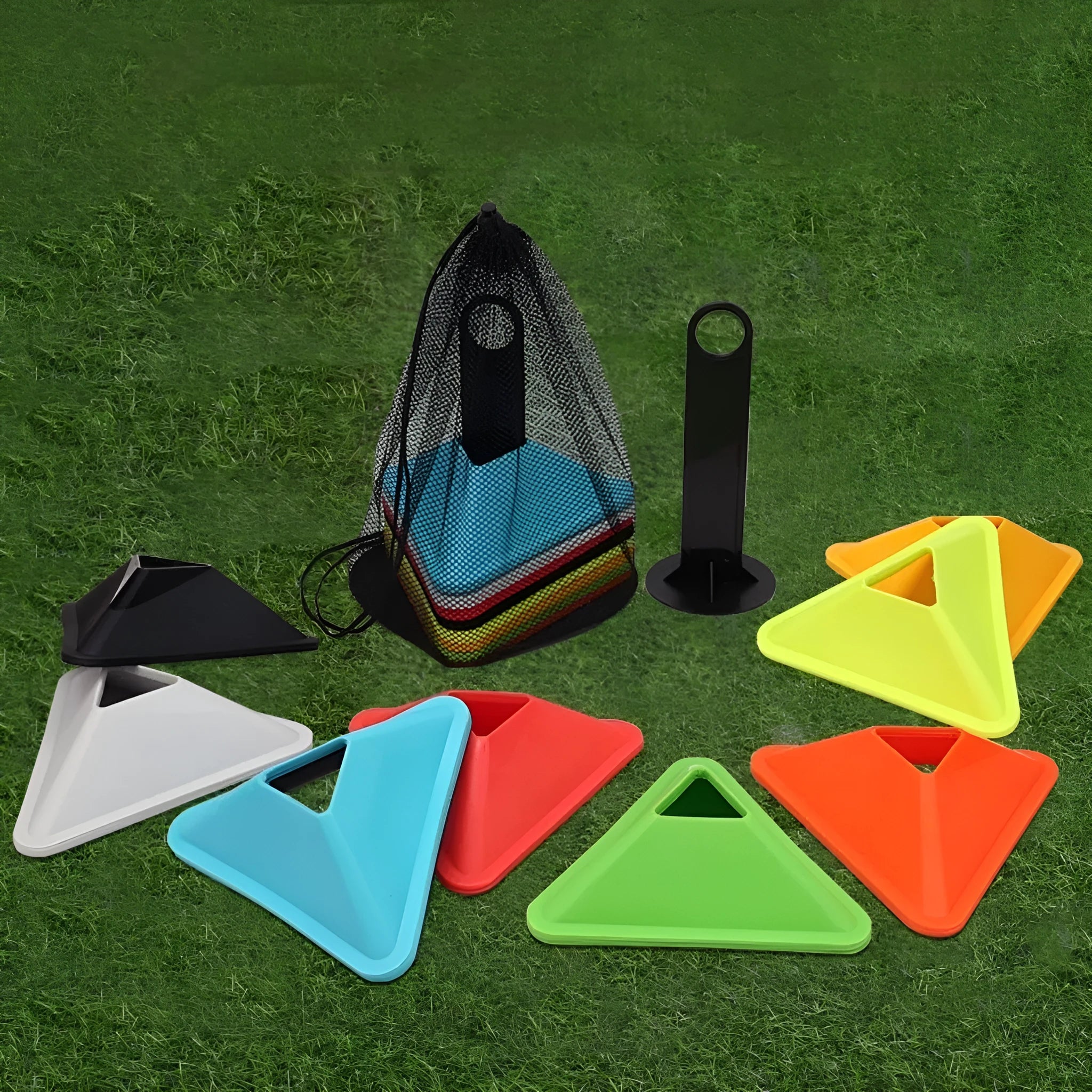 Set of triangle sign plates in various colours for football training obstacle courses on grass