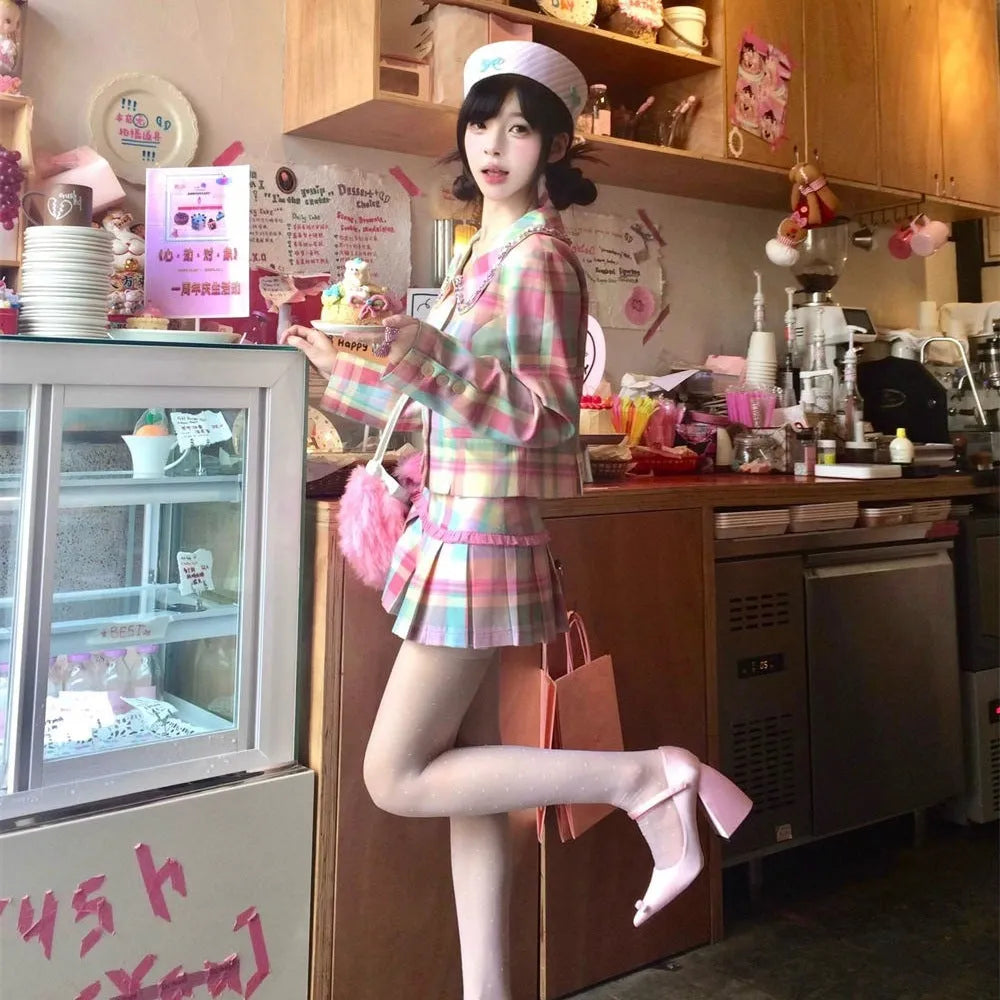 Women's high waist slimming pleated skirt suit set with cashmere long sleeve coat and cap skirt