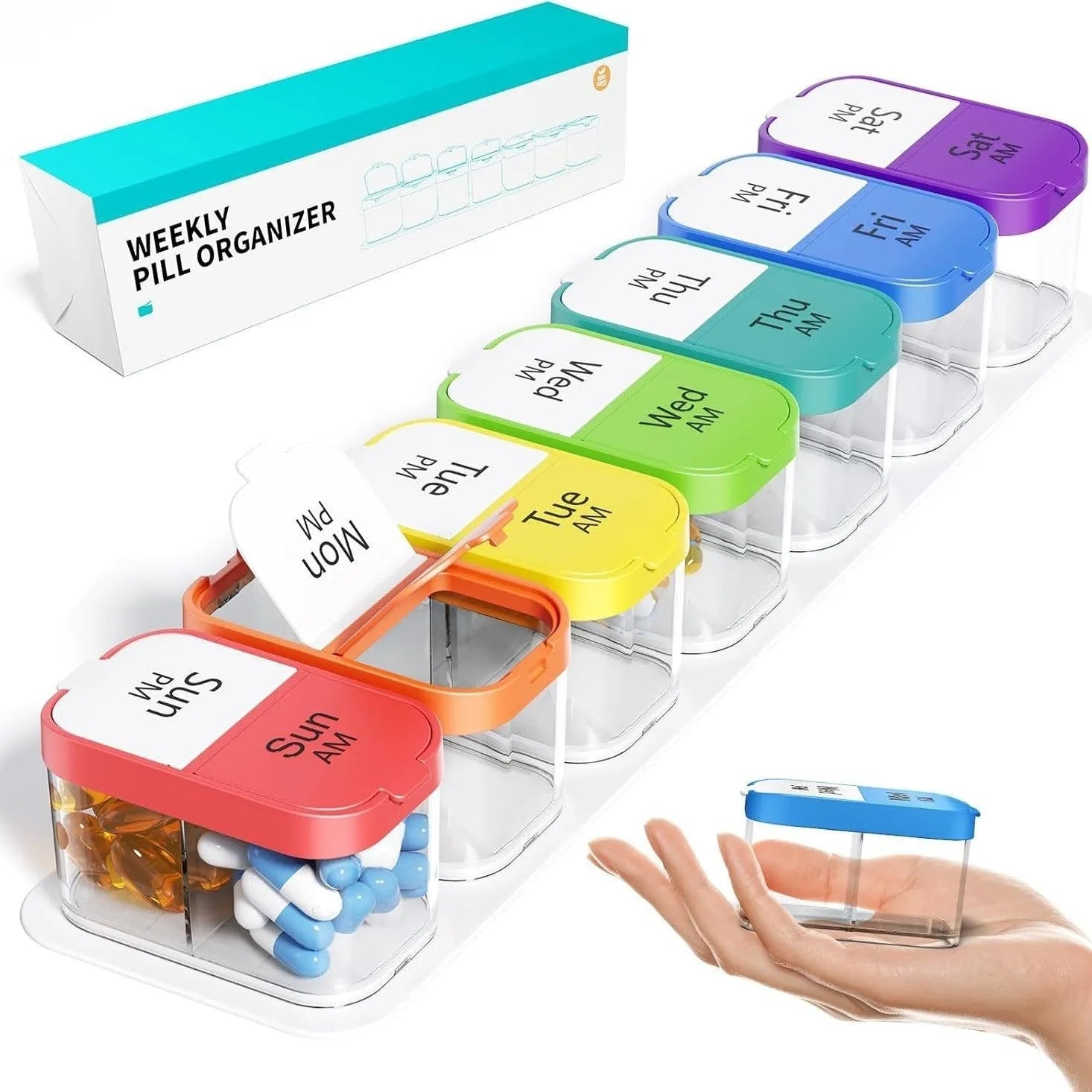 Extra large white and rainbow coloured plastic pill organiser with 14 removable compartments