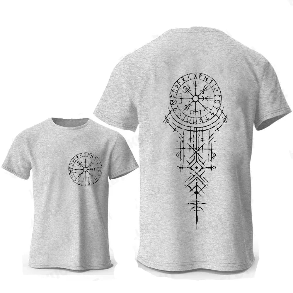 Man's grey t-shirt with a detailed Viking rune compass graphic printed on the chest.