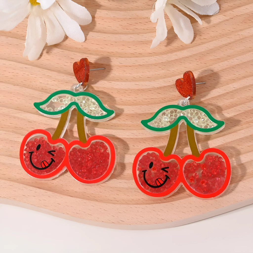 Colourful acrylic earrings with cherry, strawberry, watermelon, pineapple, coconut tree, cake, and ice cream designs for women.