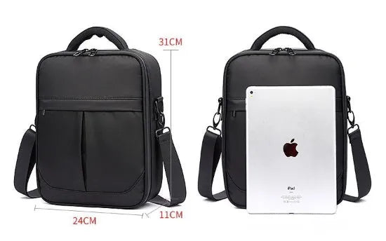 Black Oxford fabric men's messenger shoulder bag with dimensions 24cm x 11cm x 31cm