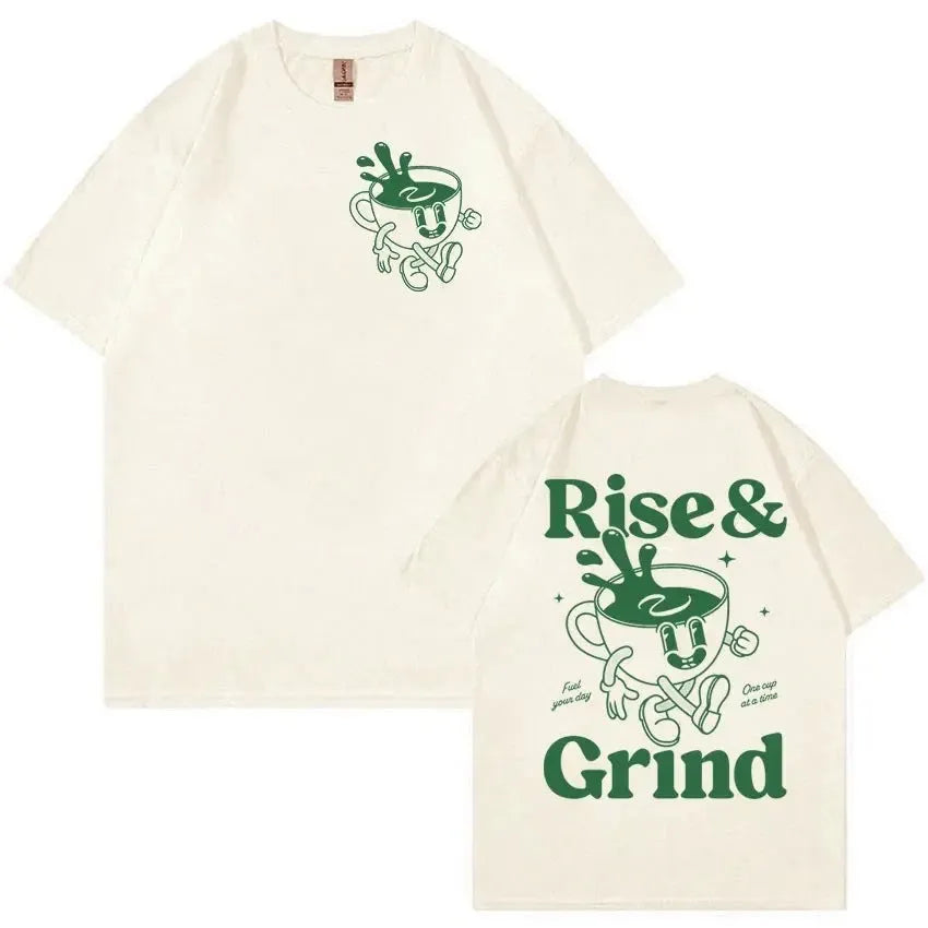 Loose fit linen T-shirt with green coffee bag cartoon print in multiple colour options