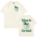 Loose fit linen T-shirt with green coffee bag cartoon print in multiple colour options