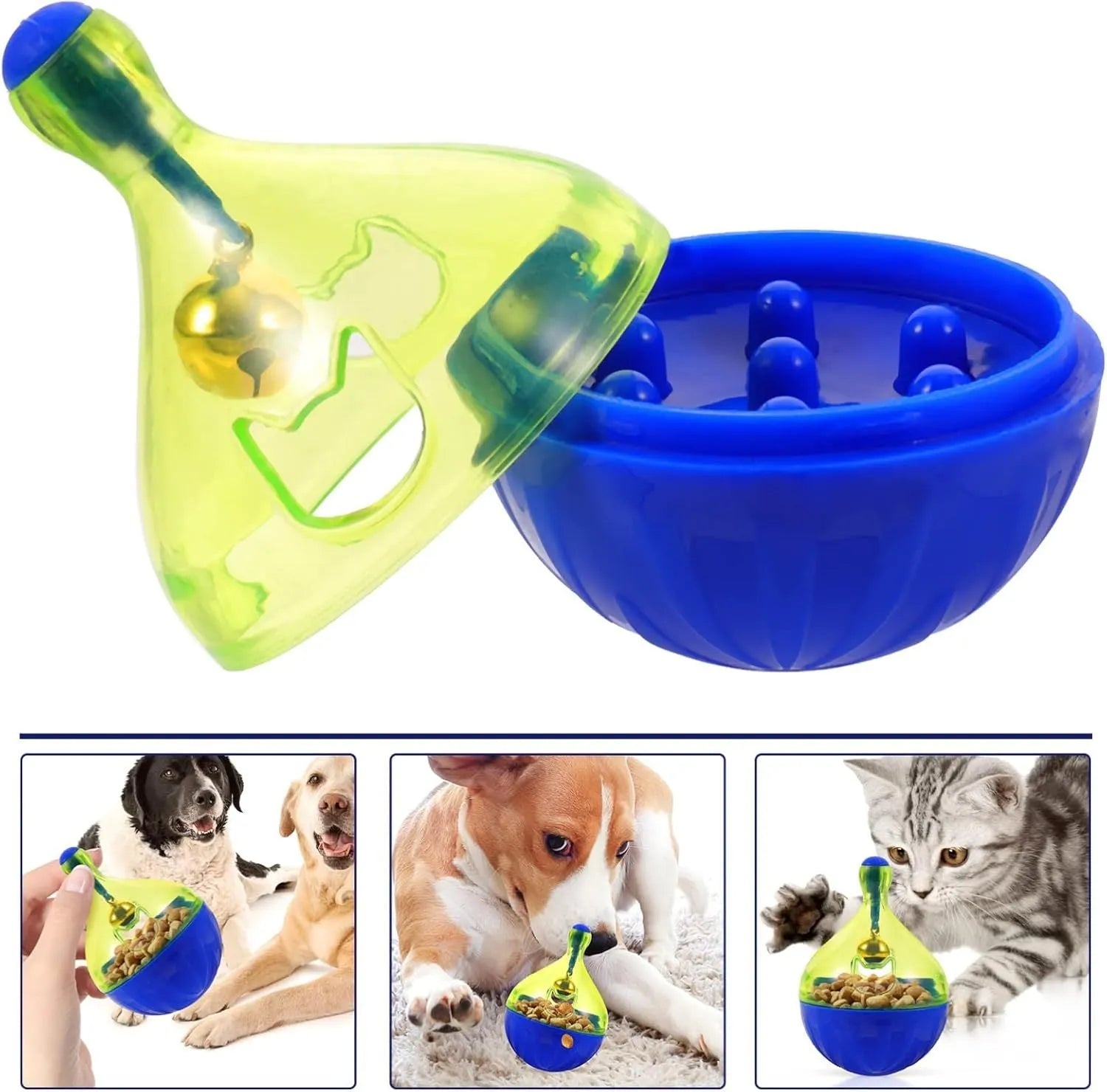 Light grey interactive pet treat dispenser ball with tumbler shape on a wooden floor.